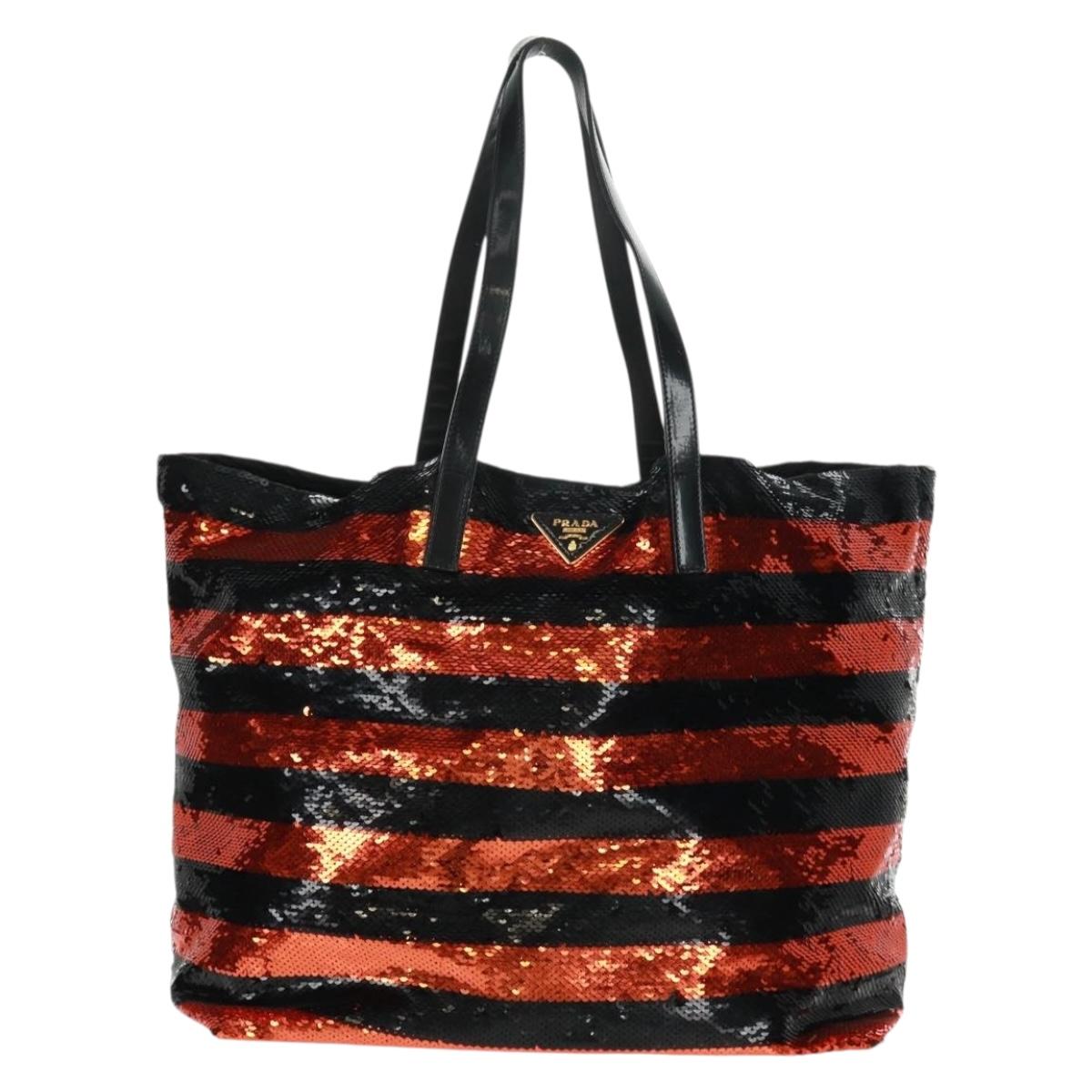 PRADA Sequin Tote Bag Nylon Orange Black Auth 162878V