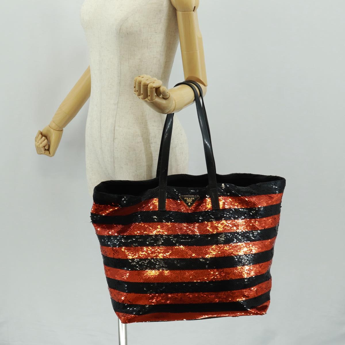 PRADA Sequin Tote Bag Nylon Orange Black Auth 162878V