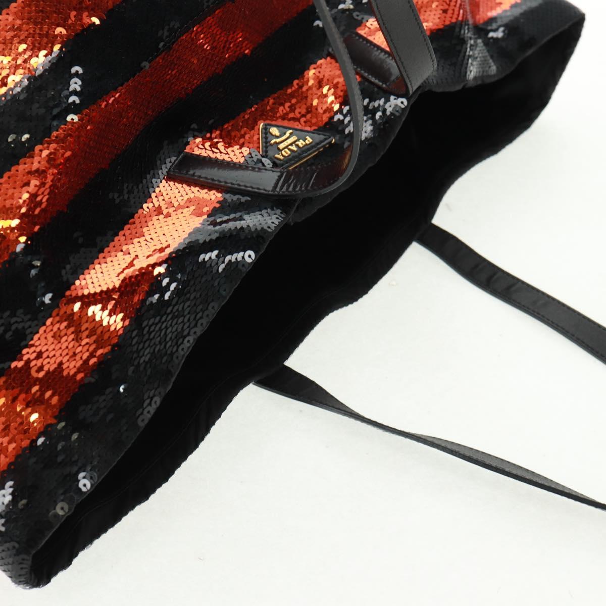 PRADA Sequin Tote Bag Nylon Orange Black Auth 162878V