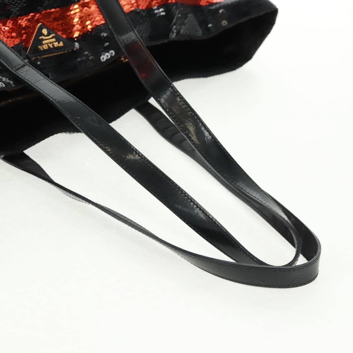 PRADA Sequin Tote Bag Nylon Orange Black Auth 162878V