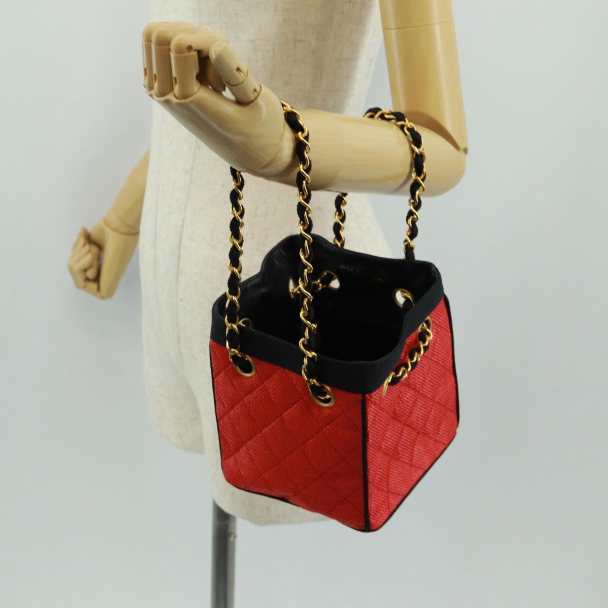 CHANEL Chain Hand Bag Raffia Red Gold CC Auth 162896V