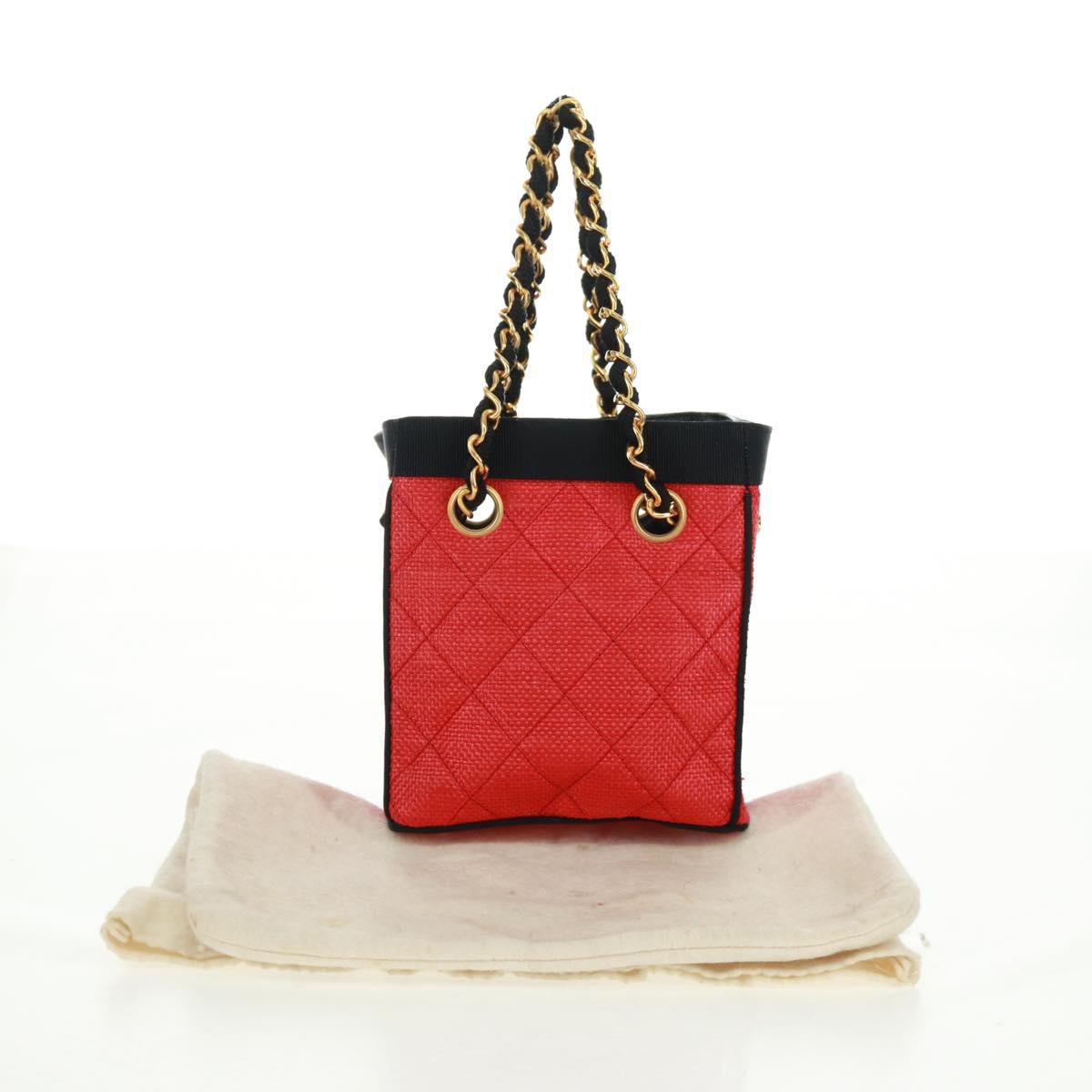 CHANEL Chain Hand Bag Raffia Red Gold CC Auth 162896V