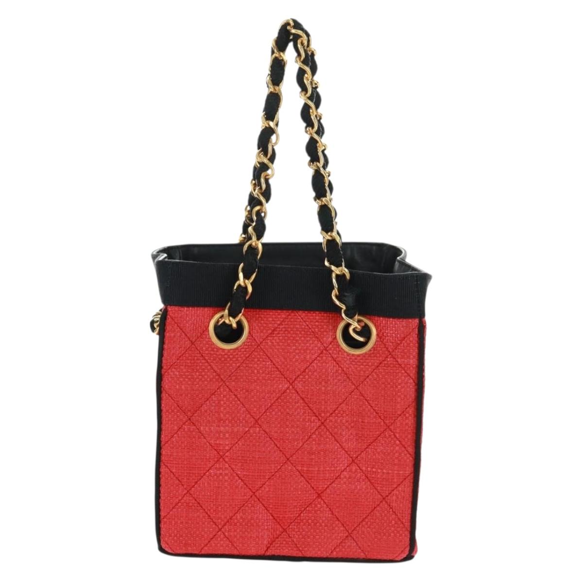 CHANEL Chain Hand Bag Raffia Red Gold CC Auth 162896V