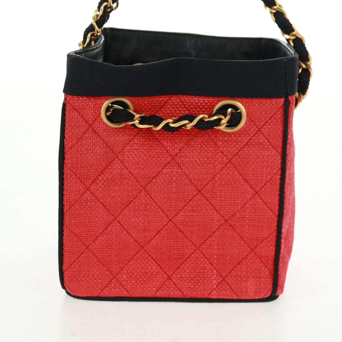CHANEL Chain Hand Bag Raffia Red Gold CC Auth 162896V