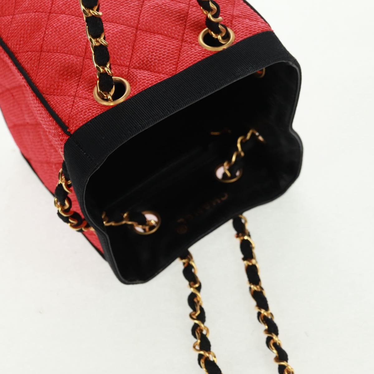CHANEL Chain Hand Bag Raffia Red Gold CC Auth 162896V