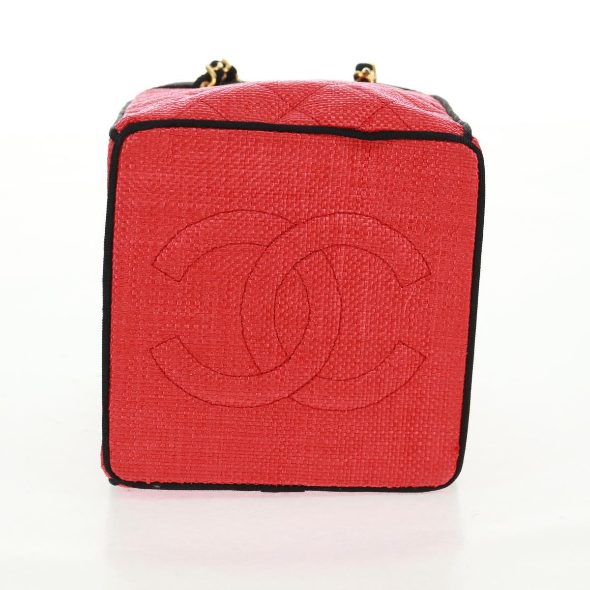 CHANEL Chain Hand Bag Raffia Red Gold CC Auth 162896V