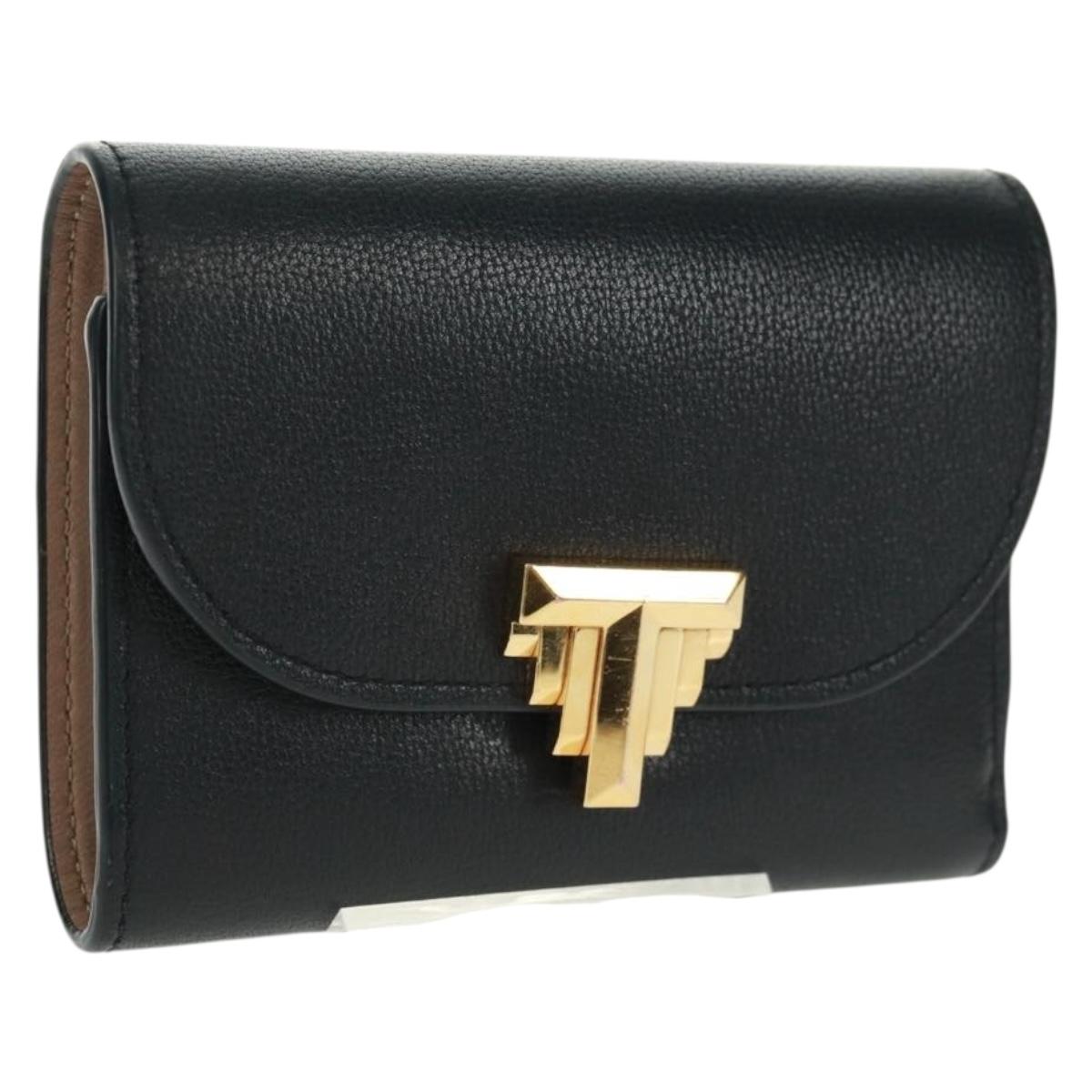 TIFFANY&Co. Bifold Wallet Leather Black Gold Auth 162920V