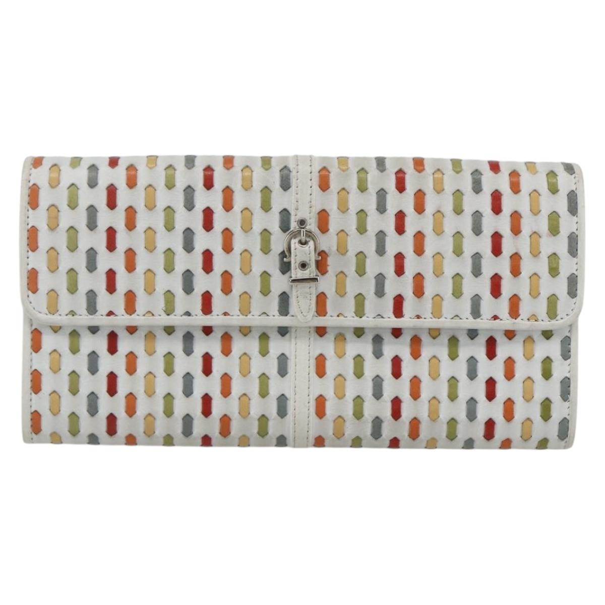 Salvatore Ferragamo Long Wallet Leather White Silver Auth 162922