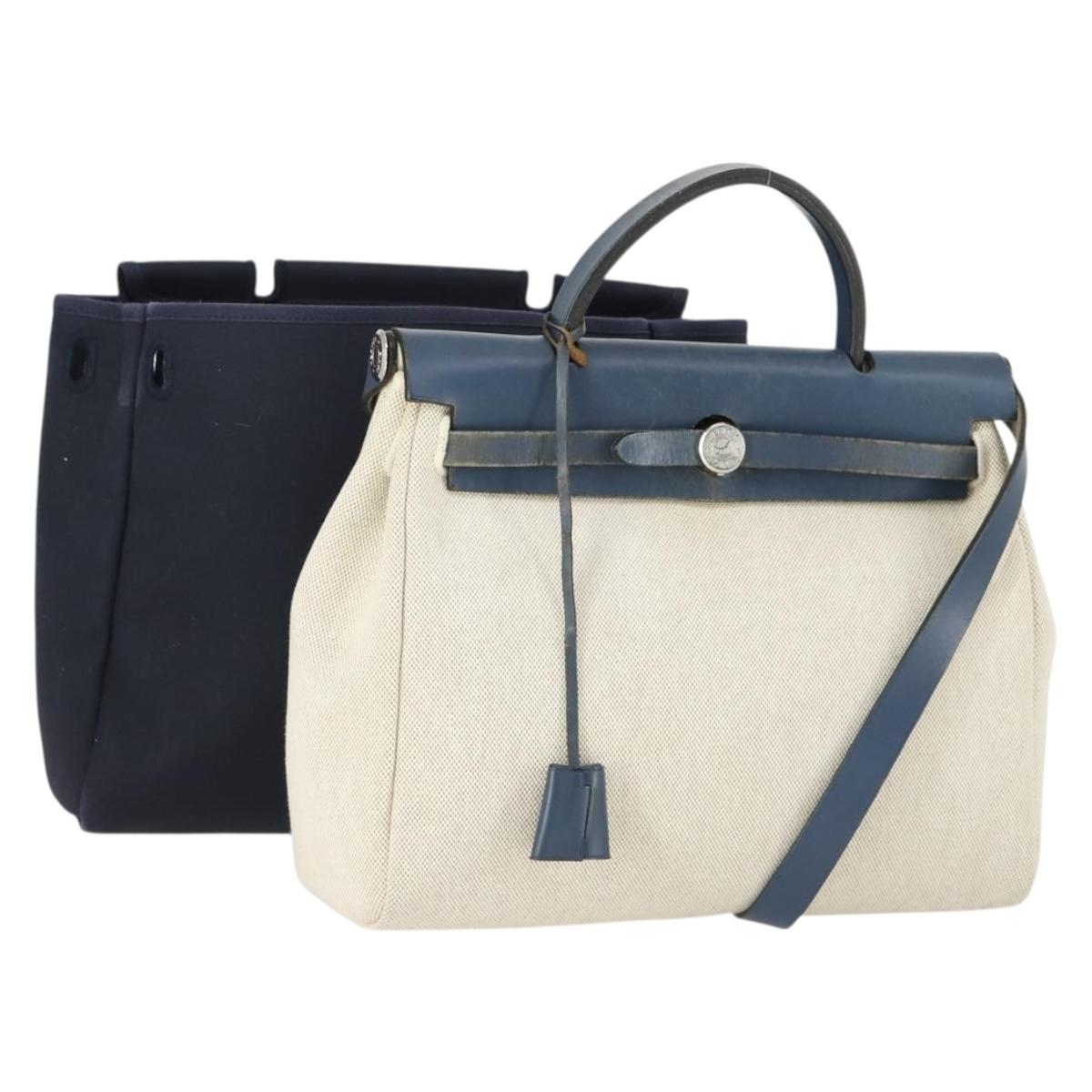 HERMES Her Bag PM Hand Bag Canvas Leather Beige Auth 162923V