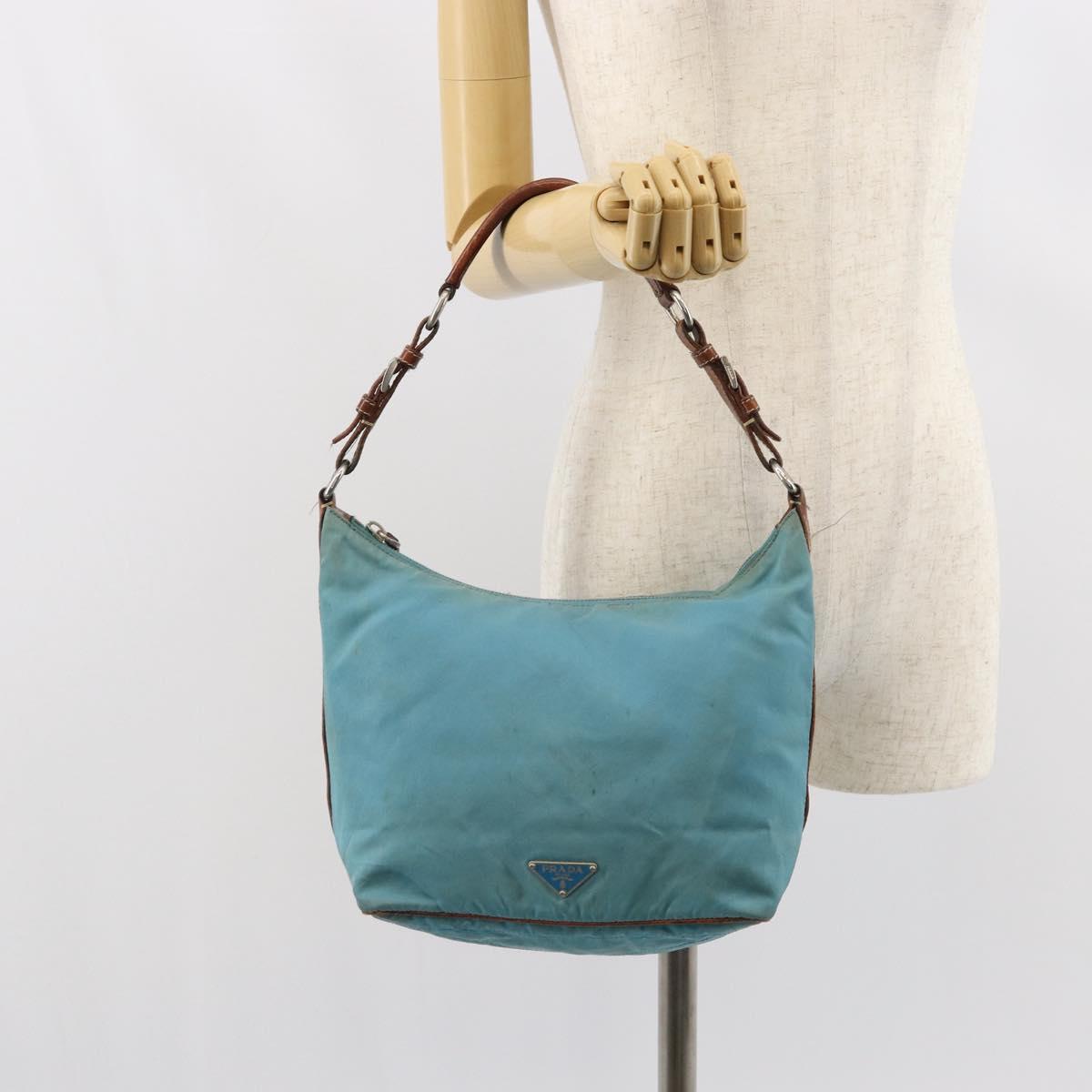 PRADA Shoulder Bag Nylon Light Blue Silver Auth 162977