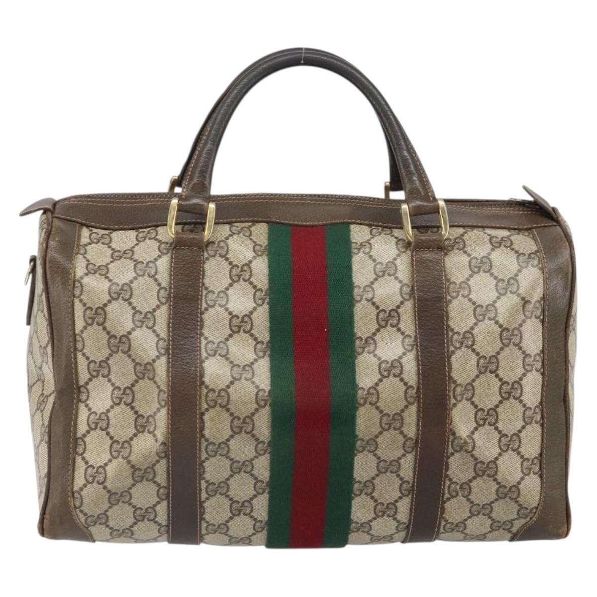 GUCCI GG Supreme Web Sherry Line Boston Bag PVC Beige Gold Auth 162989