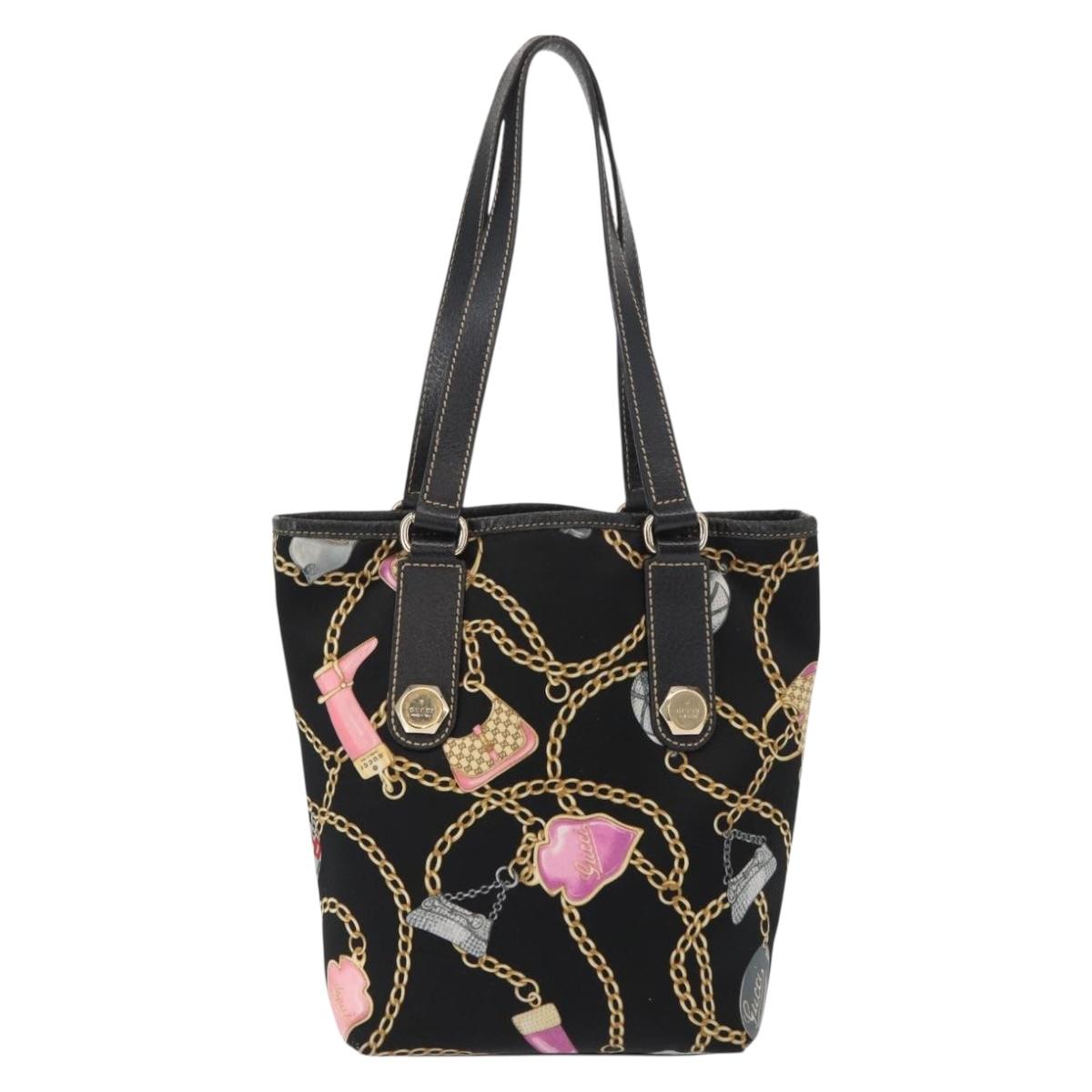 GUCCI Tote Bag Satin Black Gold 153361 Auth 162992
