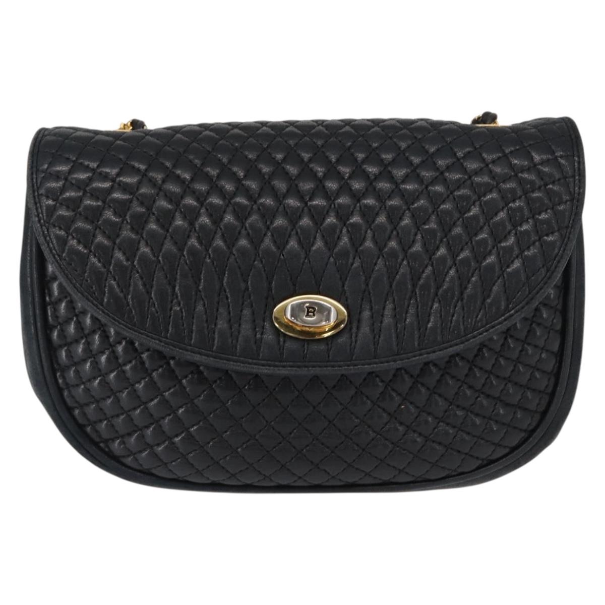 BALLY Quilted Chain Shoulder Bag Leather Black Gold Auth 163023