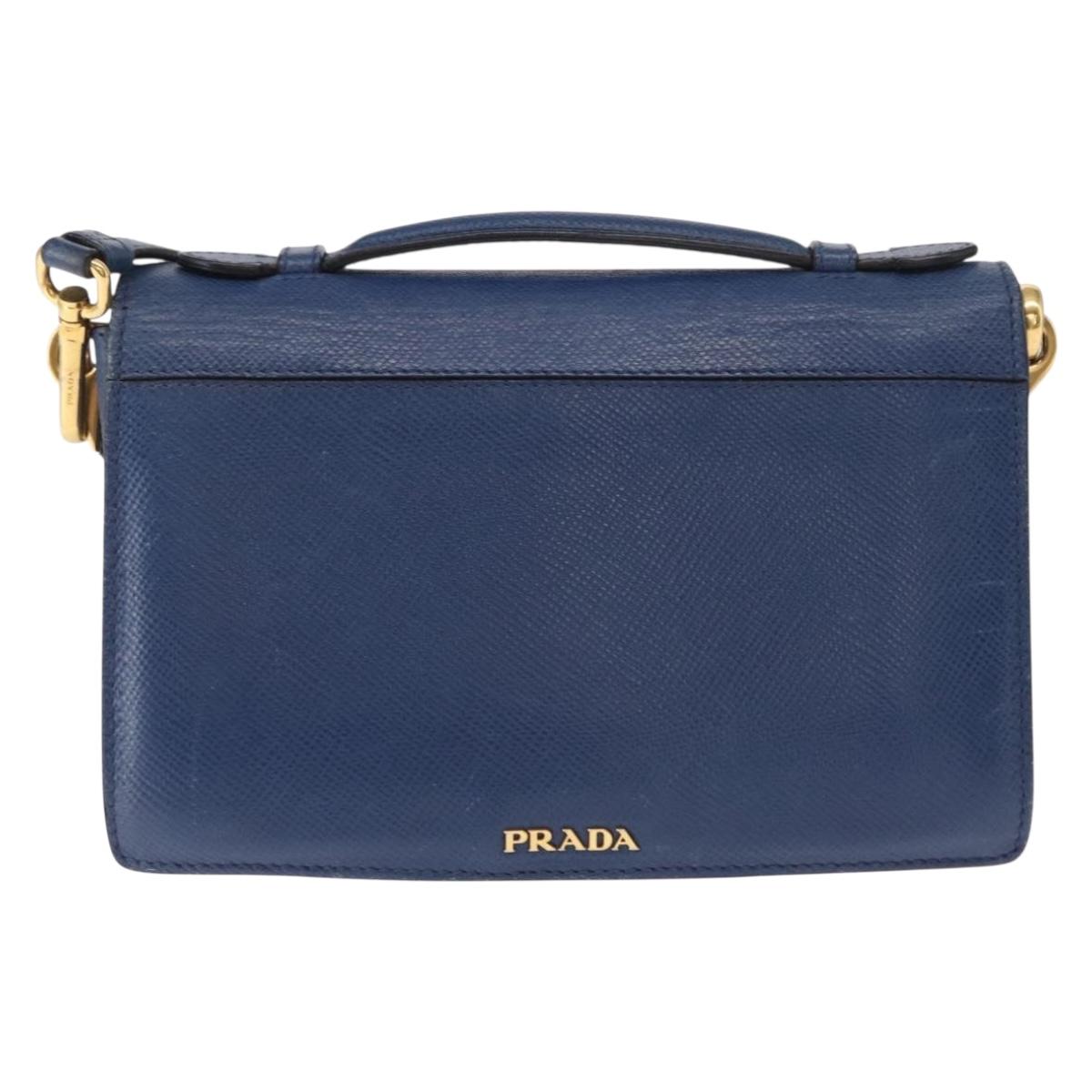 PRADA Hand Bag Safiano leather 2way Blue Gold Auth 163032