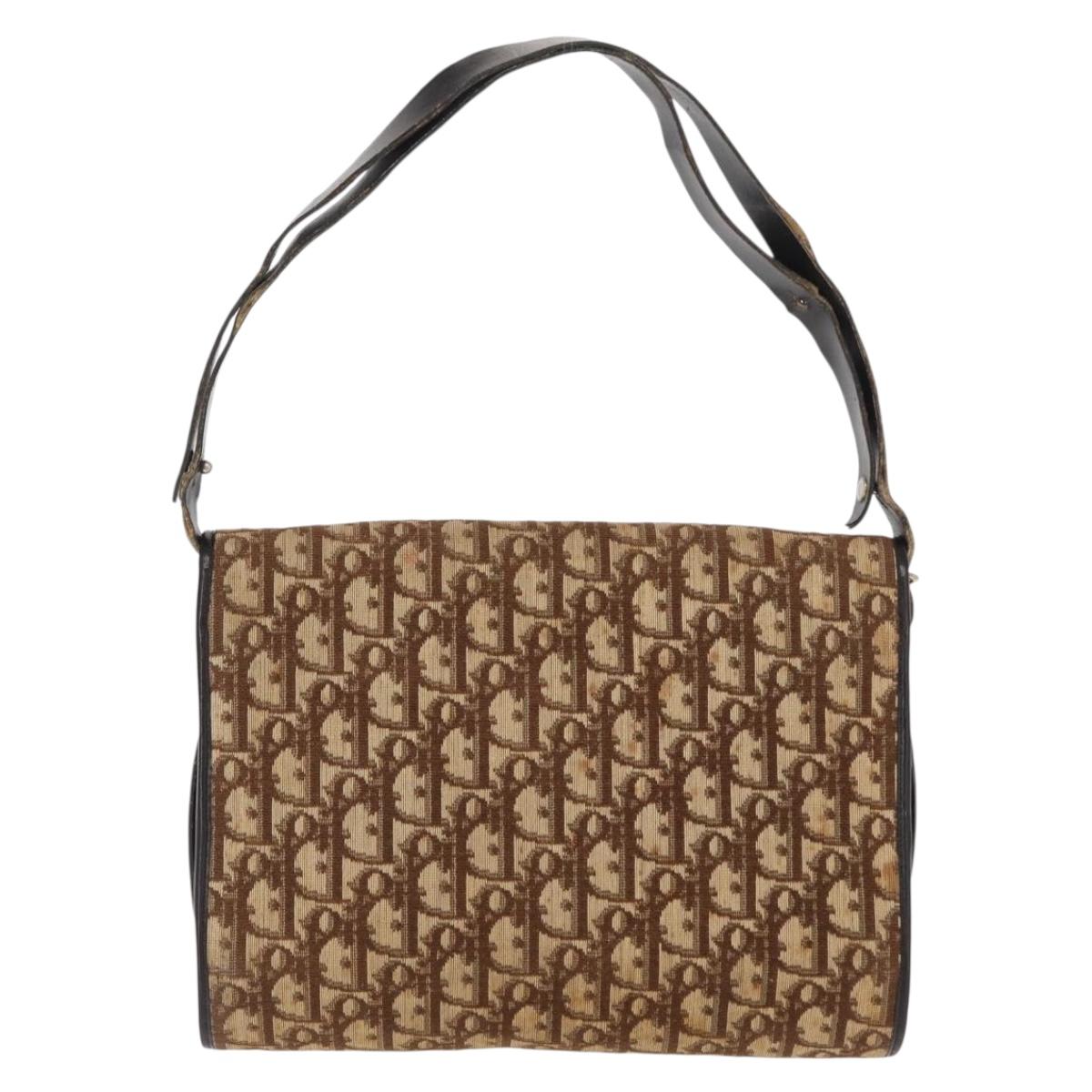 Christian Dior Trotter Canvas Shoulder Bag Beige Gold Auth 163043