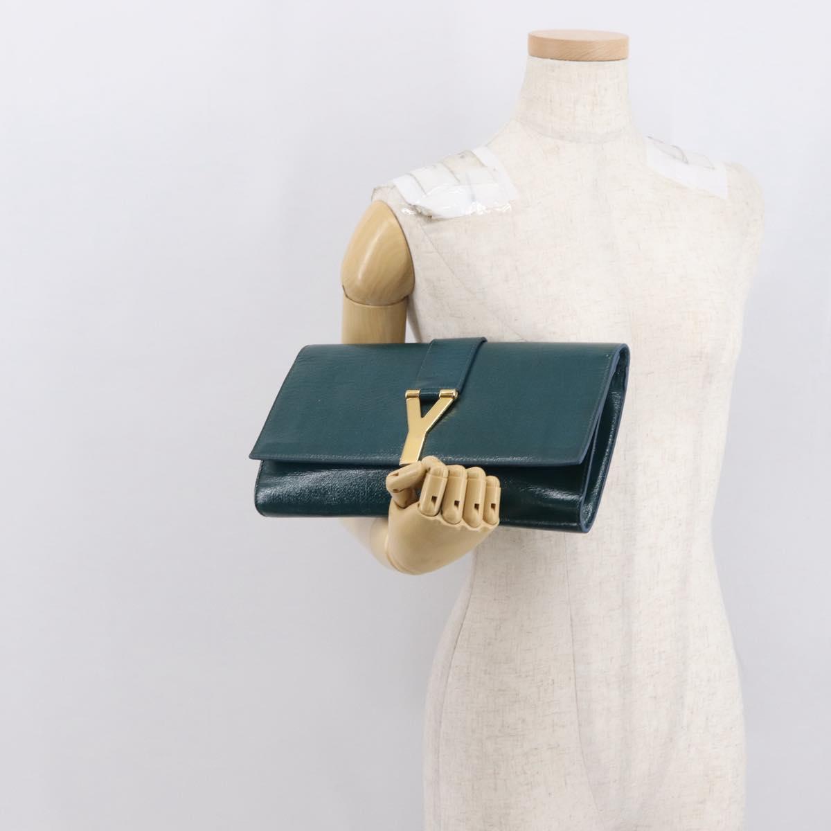 SAINT LAURENT Y Line Clutch Bag Patent leather Green Gold Auth 163062