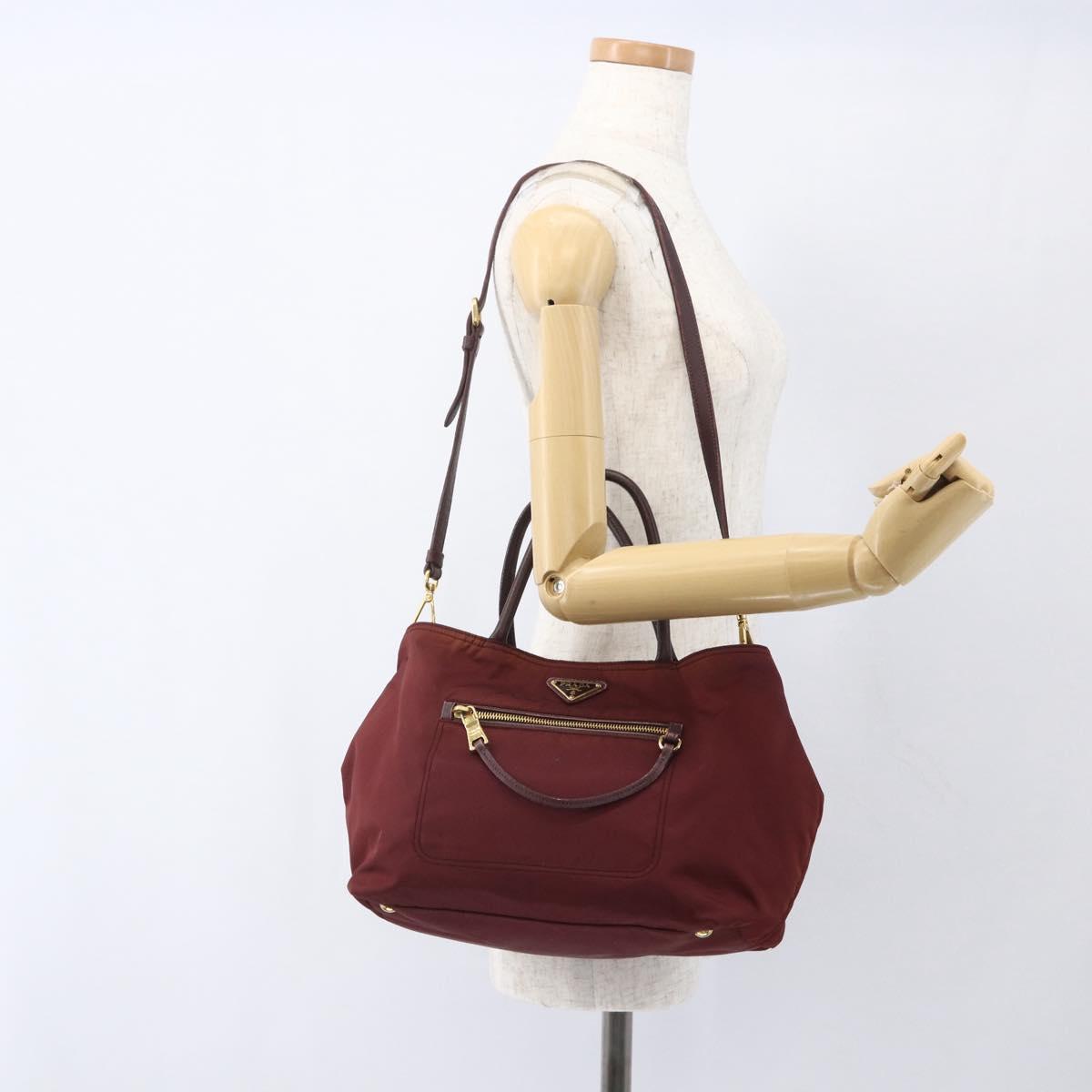 PRADA Hand Bag Nylon 2way Bordeaux Gold Auth 163074