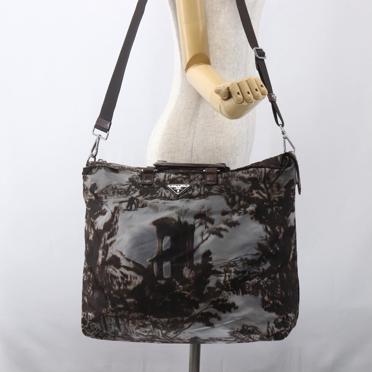 PRADA Hand Bag Nylon 2way Brown Silver Auth 163076