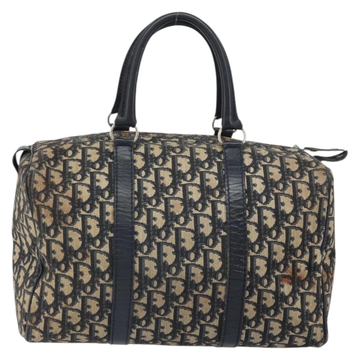 Christian Dior Trotter Canvas Boston Bag Navy Silver Auth 163078