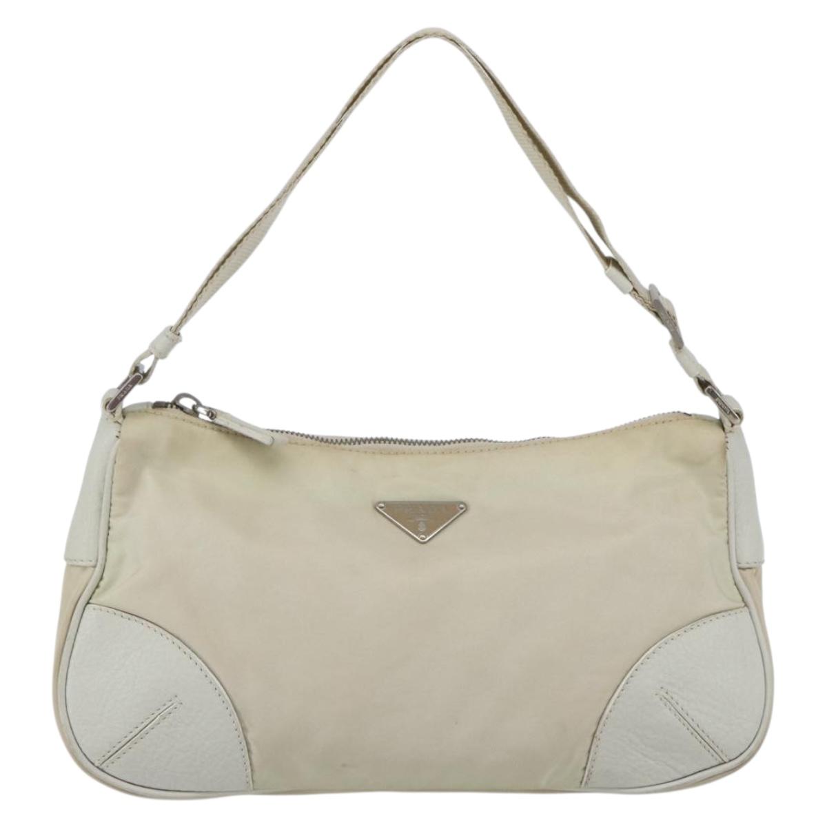 PRADA Shoulder Bag Nylon Leather Ivory Silver Auth 163087