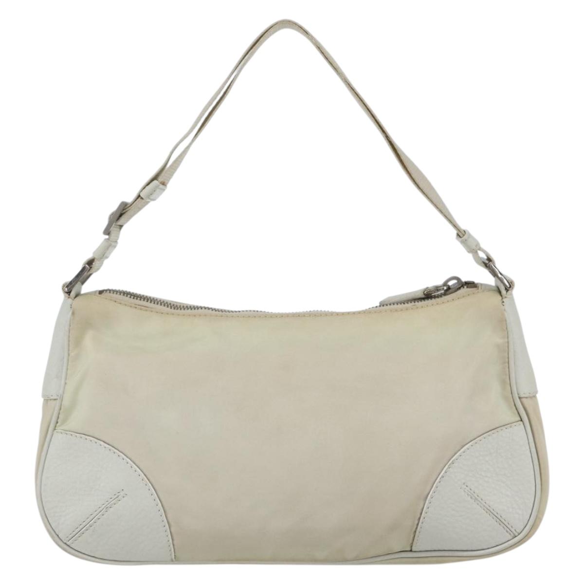 PRADA Shoulder Bag Nylon Leather Ivory Silver Auth 163087