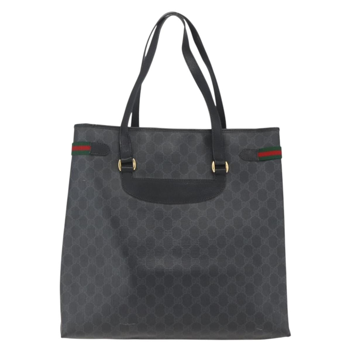 GUCCI GG Supreme Web Sherry Line Tote Bag PVC Black Gold 39 02 091 Auth 163144