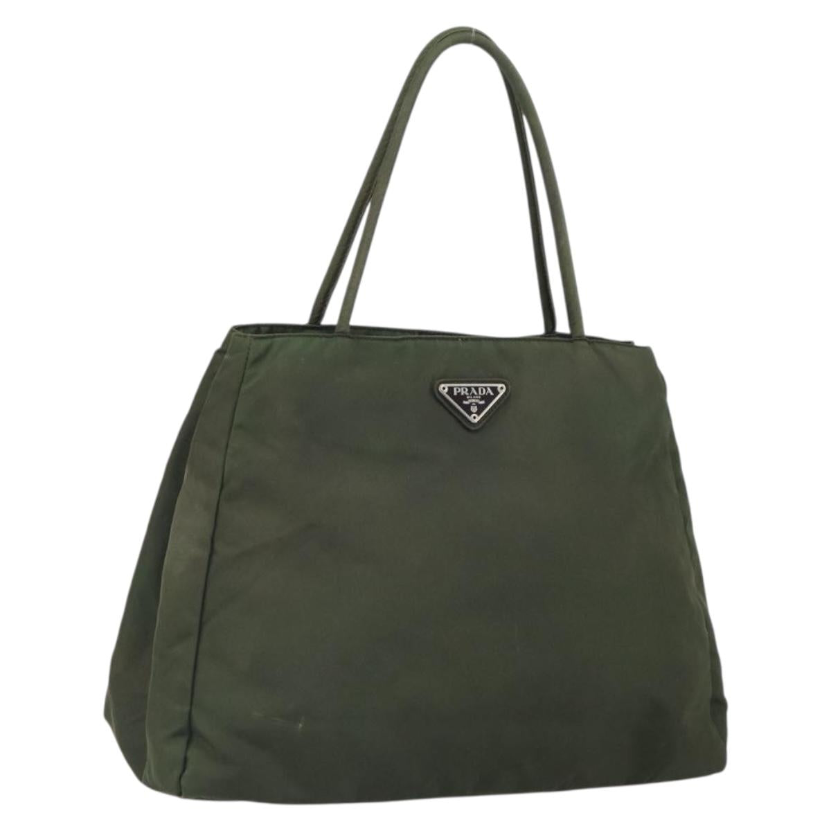 PRADA Tote Bag Nylon Khaki Silver Auth 163146