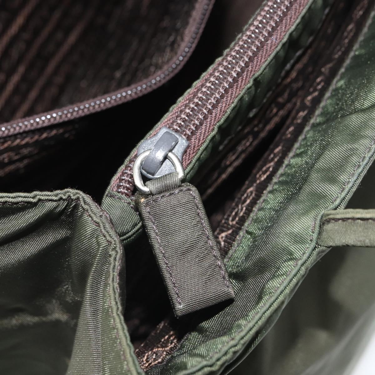 PRADA Tote Bag Nylon Khaki Silver Auth 163146