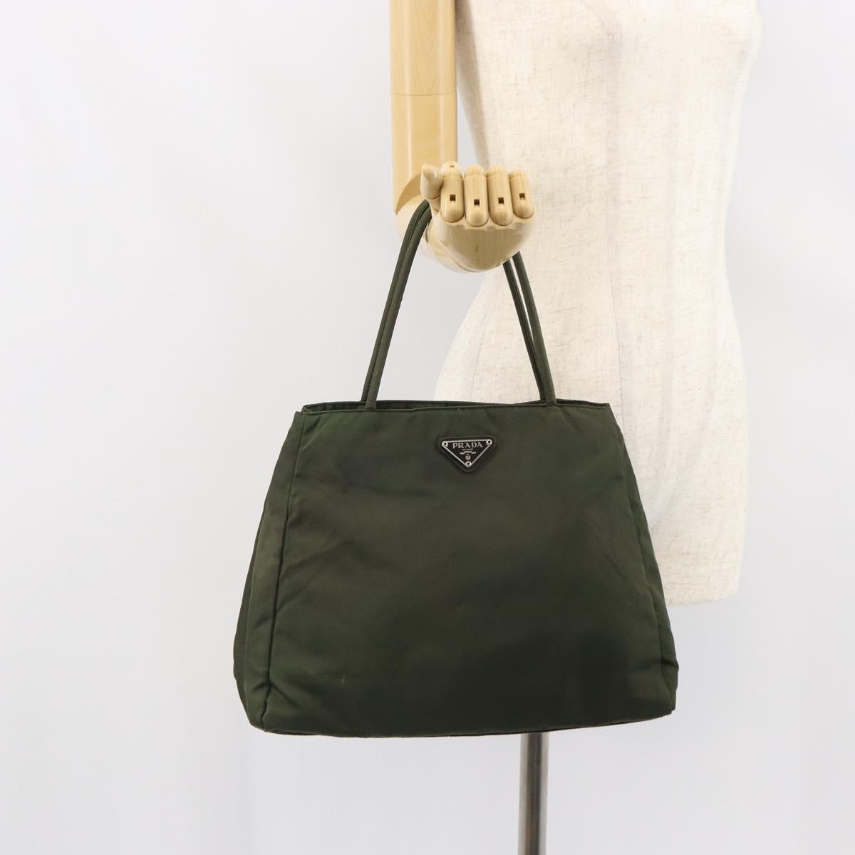 PRADA Tote Bag Nylon Khaki Silver Auth 163146