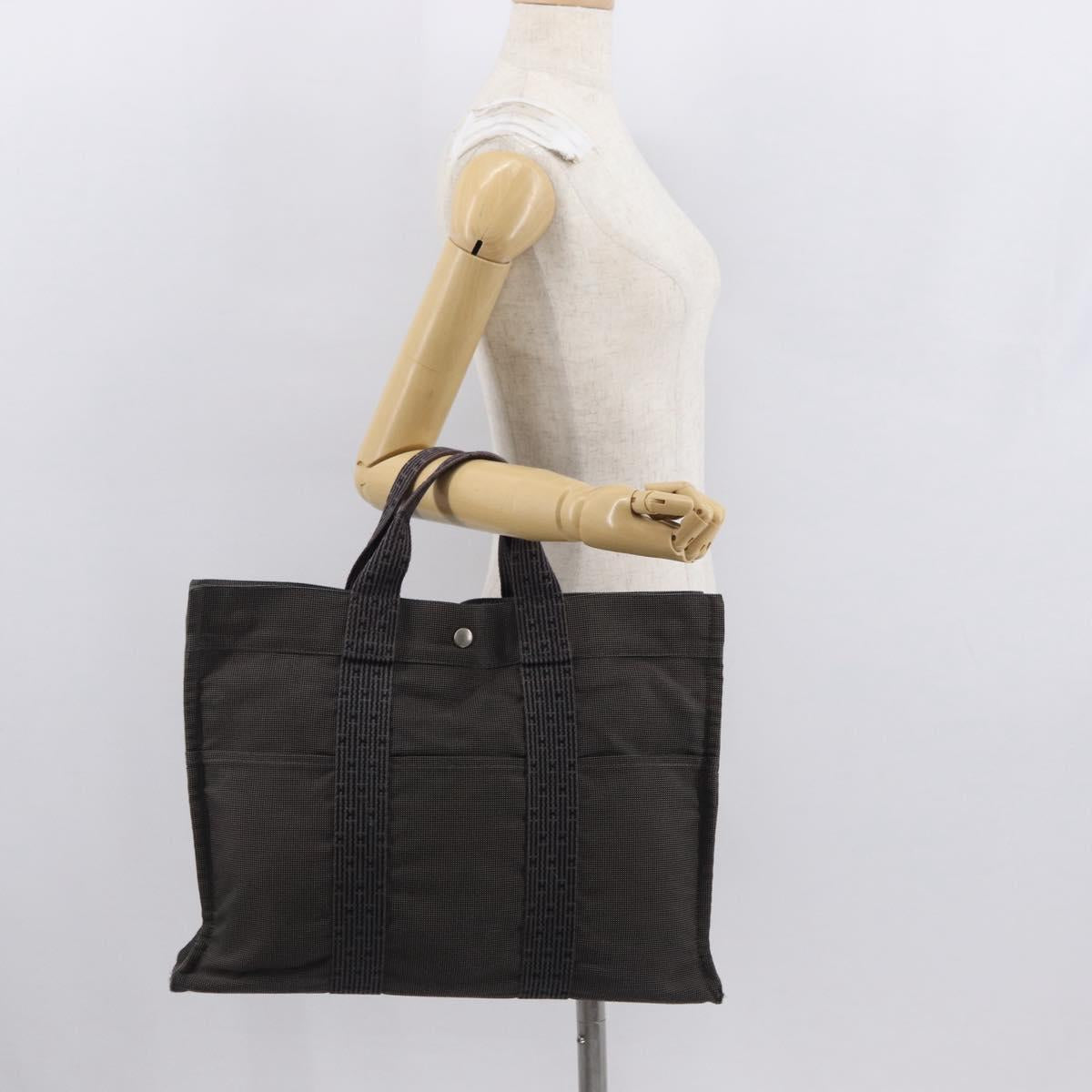 HERMES Her Line MM Hand Bag Canvas Gray Silver Auth 163158