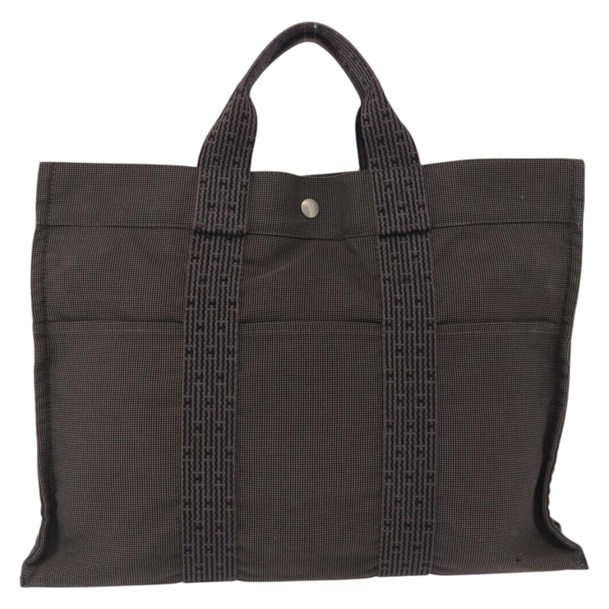 HERMES Her Line MM Hand Bag Canvas Gray Silver Auth 163158