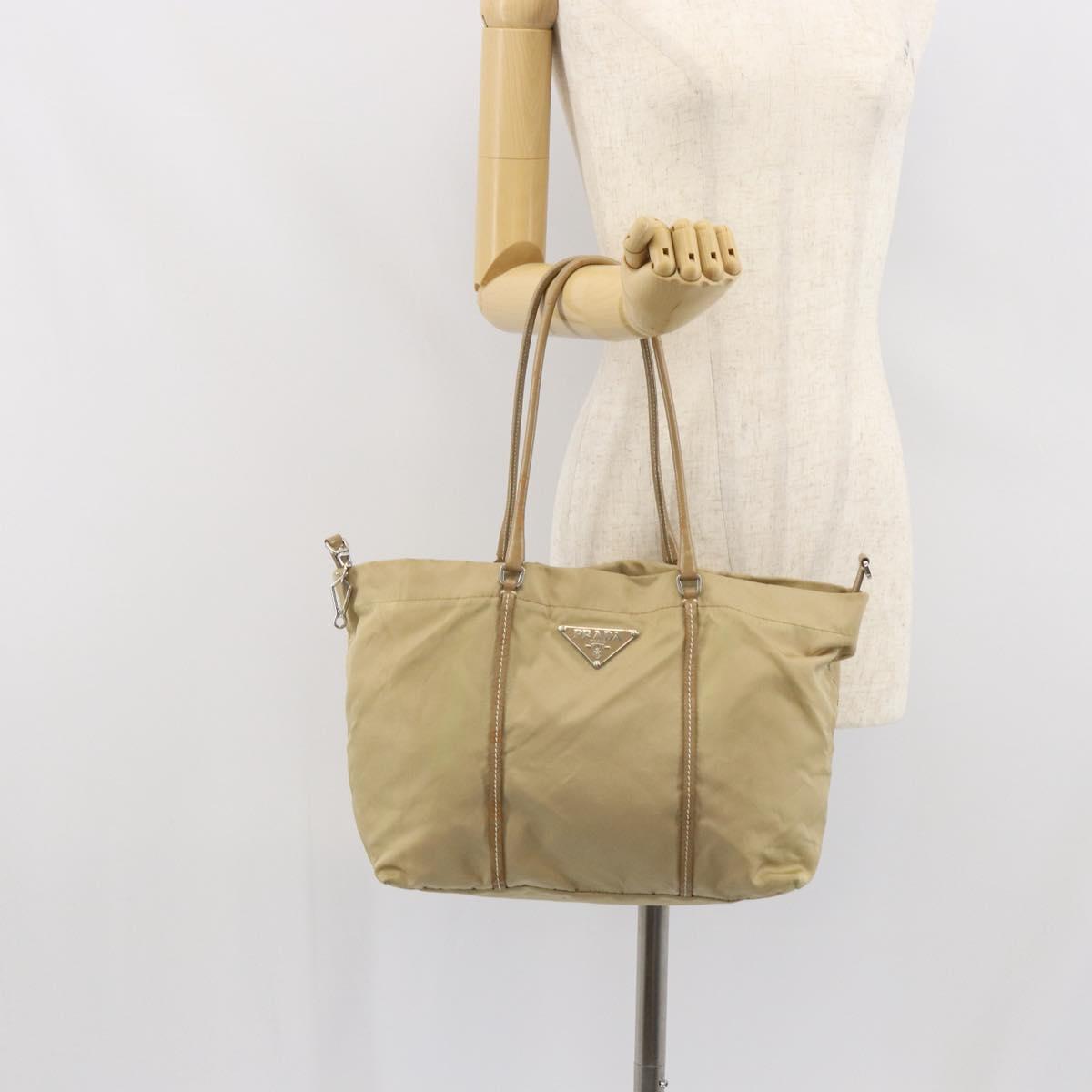 PRADA Tote Bag Nylon Beige Silver Auth 163162