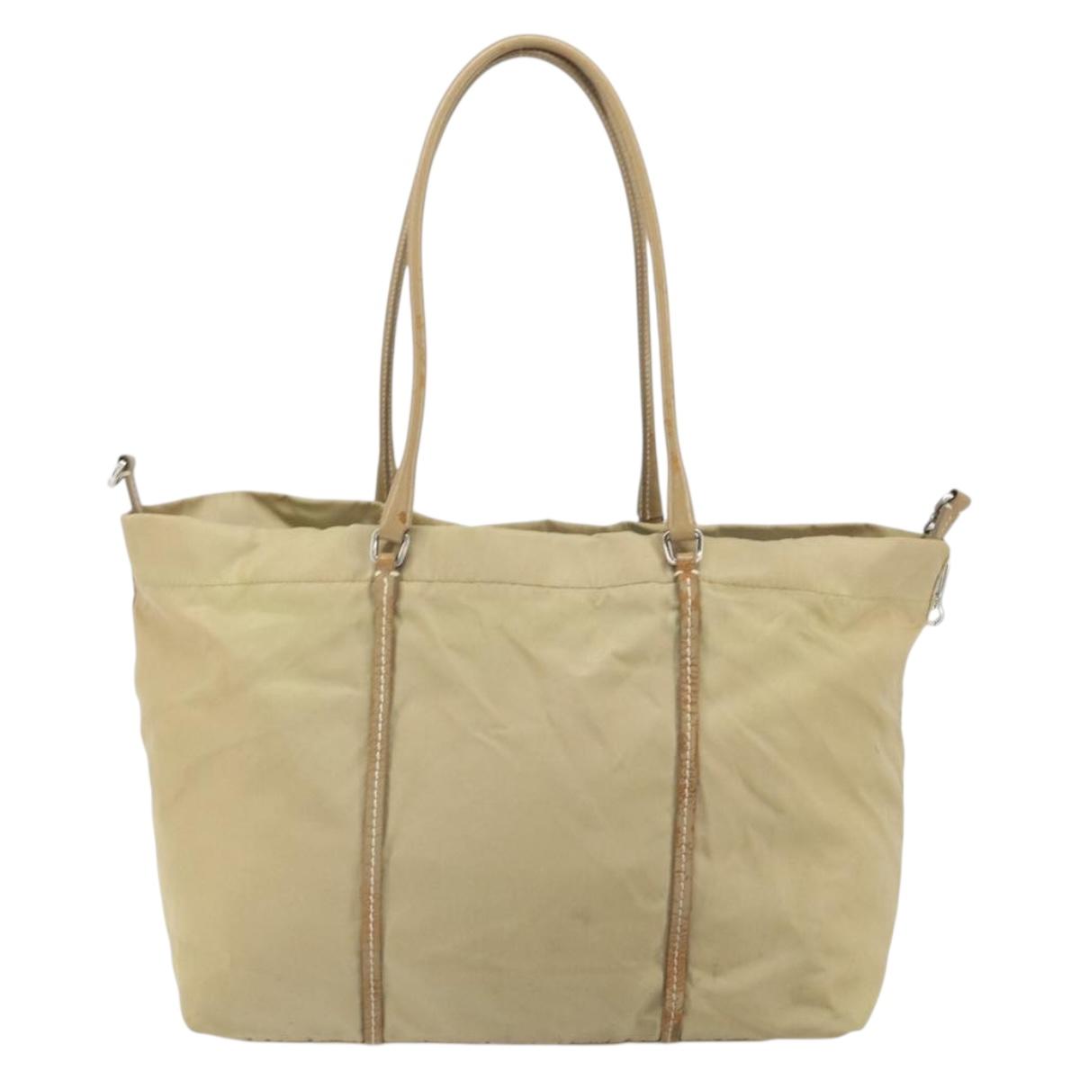 PRADA Tote Bag Nylon Beige Silver Auth 163162