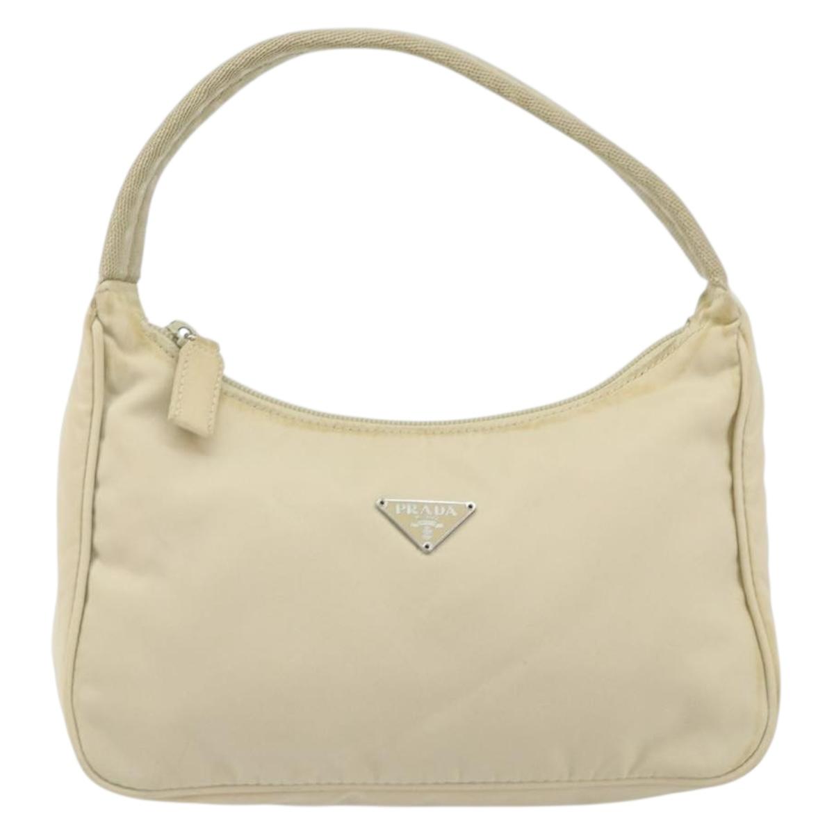 PRADA Hand Bag Nylon Ivory Silver Auth 163192