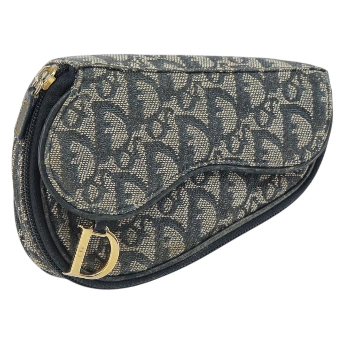 Christian Dior Trotter Canvas Saddle Pouch Navy Gold Auth 163209