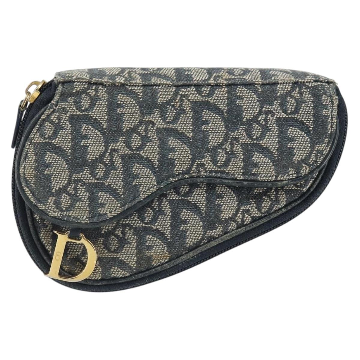 Christian Dior Trotter Canvas Saddle Pouch Navy Gold Auth 163209