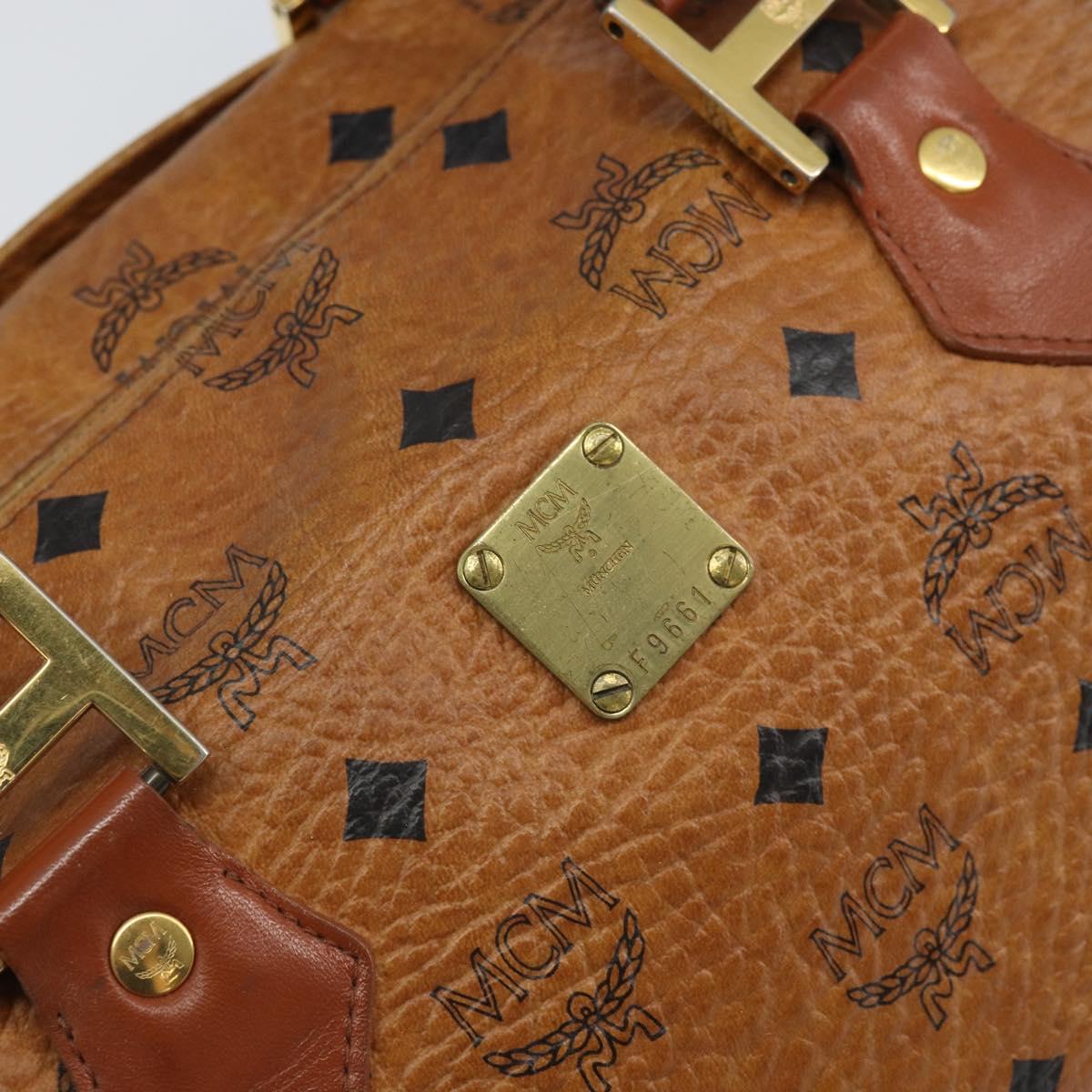 MCM Logogram Vicetos Boston Bag PVC Brown Gold Auth 163237