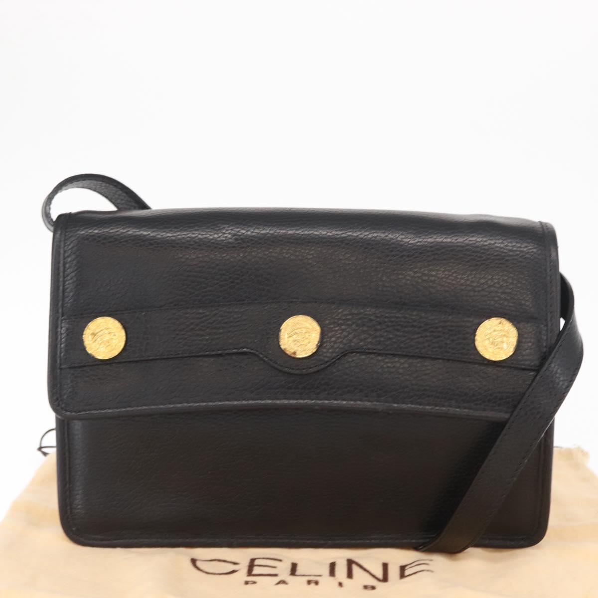 CELINE Medallion Chain Shoulder Bag Leather Black Gold Auth 163249