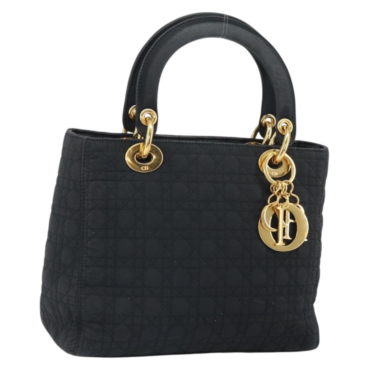Christian Dior Lady Dior Canage Hand Bag Nylon Black Gold Auth 163252