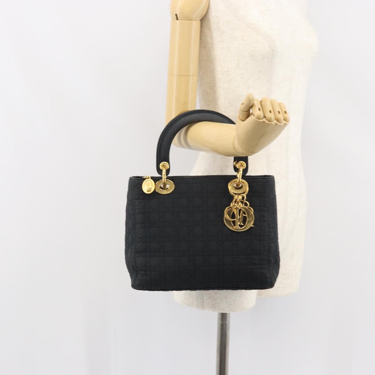 Christian Dior Lady Dior Canage Hand Bag Nylon Black Gold Auth 163252