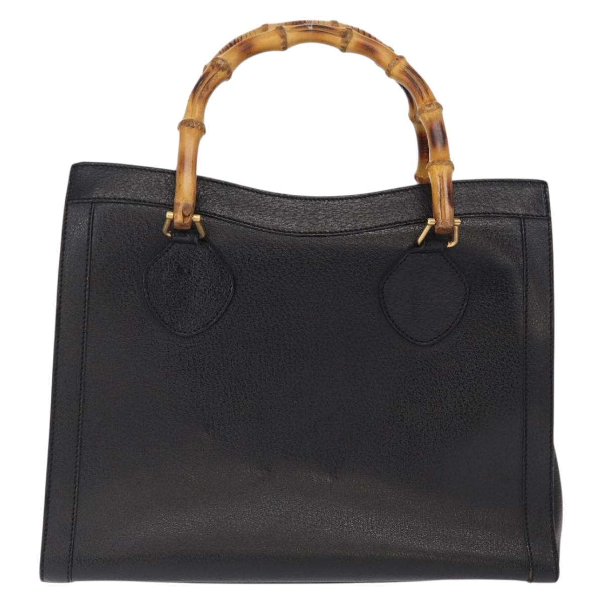 GUCCI Bamboo Hand Bag Leather Black Gold 02 1059 260 Auth 163270