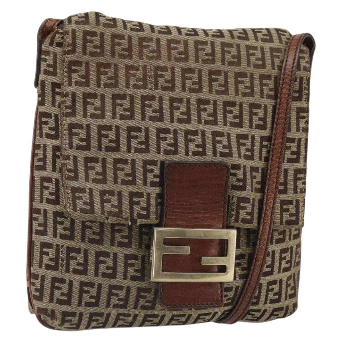 FENDI Zucchino Canvas Mamma Baguette Shoulder Bag Beige Gold Auth 163271