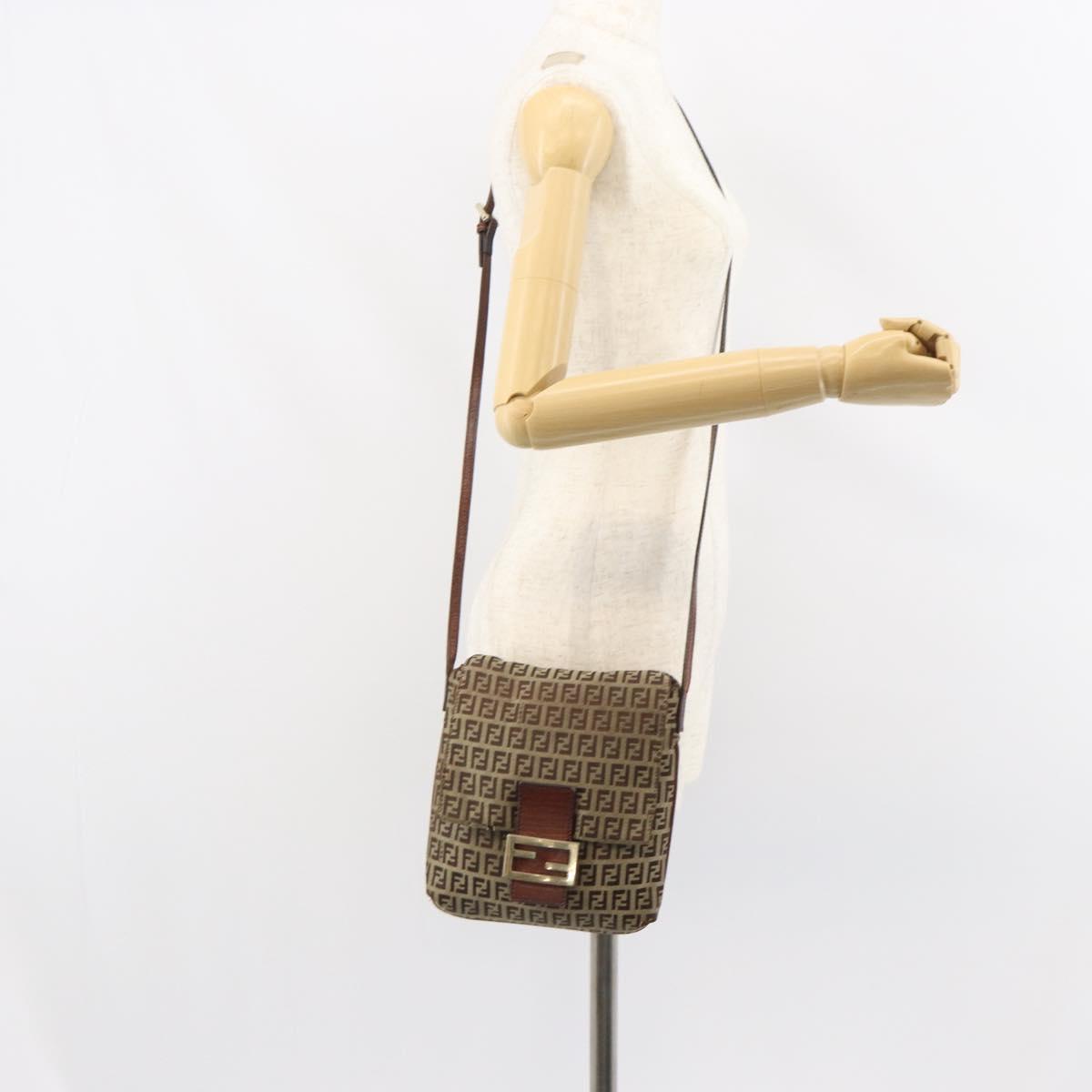 FENDI Zucchino Canvas Mamma Baguette Shoulder Bag Beige Gold Auth 163271