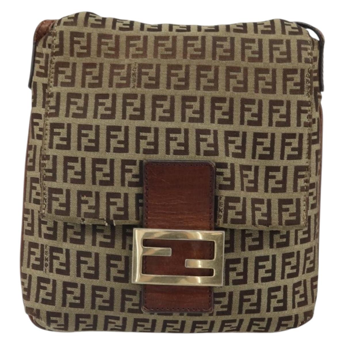 FENDI Zucchino Canvas Mamma Baguette Shoulder Bag Beige Gold Auth 163271
