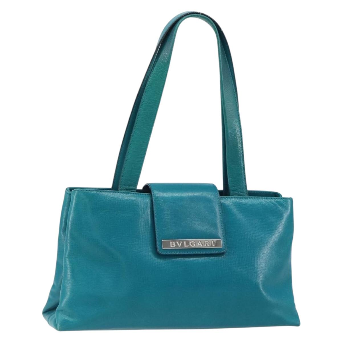 BVLGARI Hand Bag Leather Silver Emerald Green Auth 163293