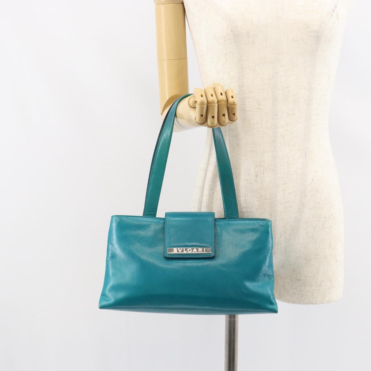 BVLGARI Hand Bag Leather Silver Emerald Green Auth 163293