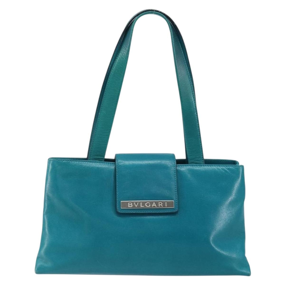 BVLGARI Hand Bag Leather Silver Emerald Green Auth 163293
