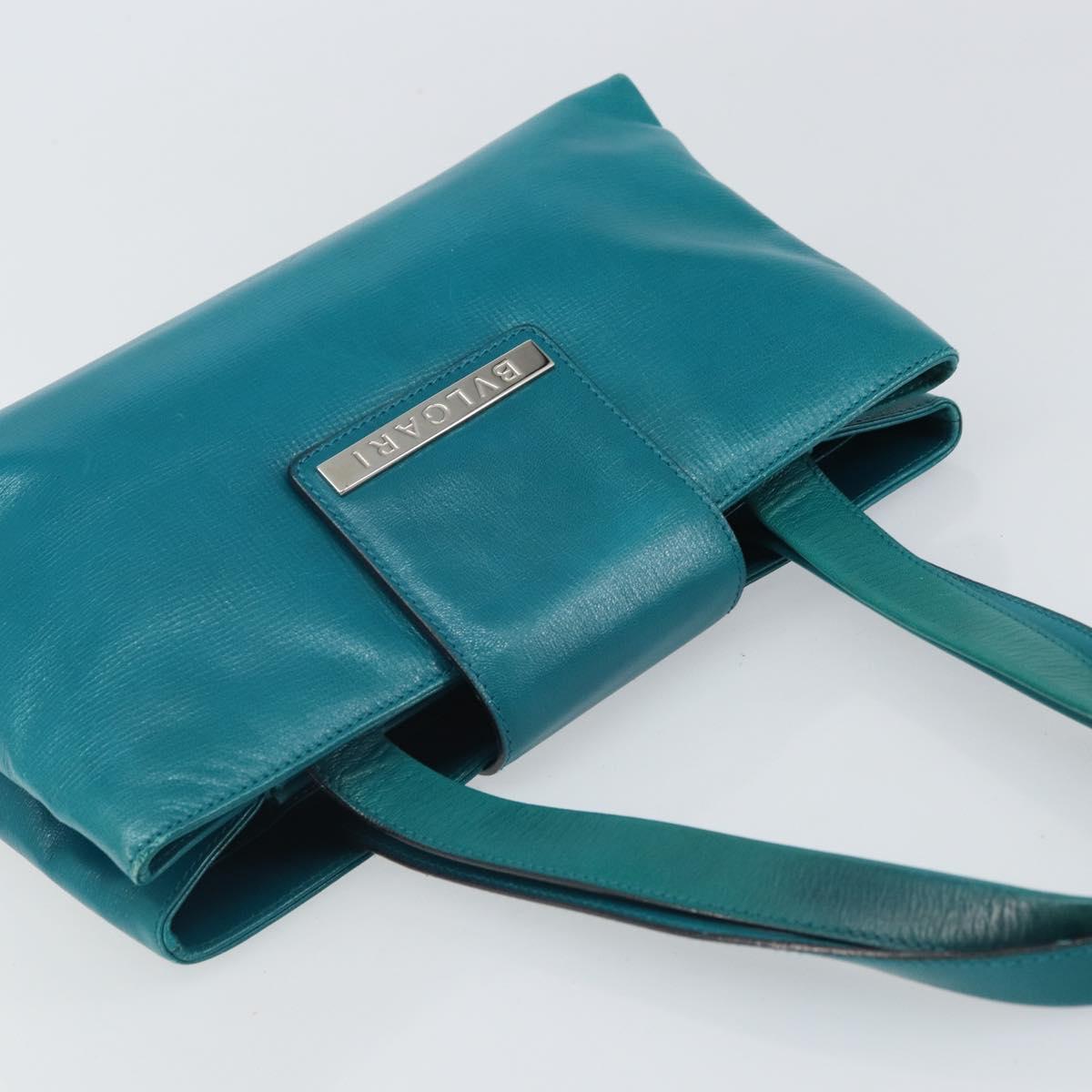 BVLGARI Hand Bag Leather Silver Emerald Green Auth 163293