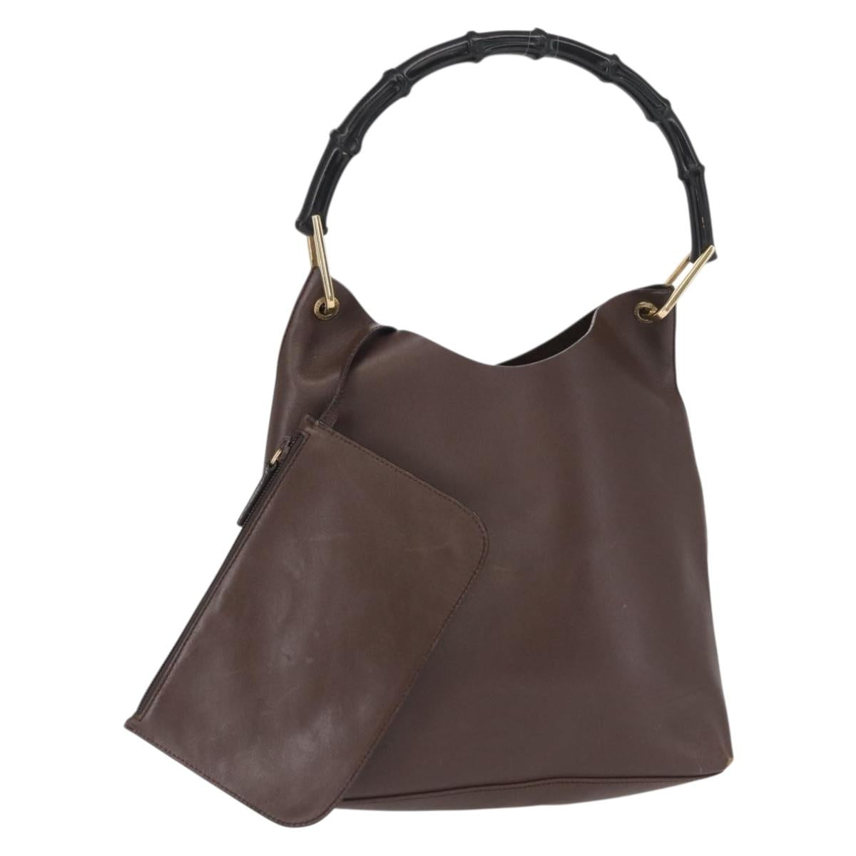 GUCCI Bamboo Shoulder Bag Leather Dark Brown Gold 001 1553 1880 Auth 163296