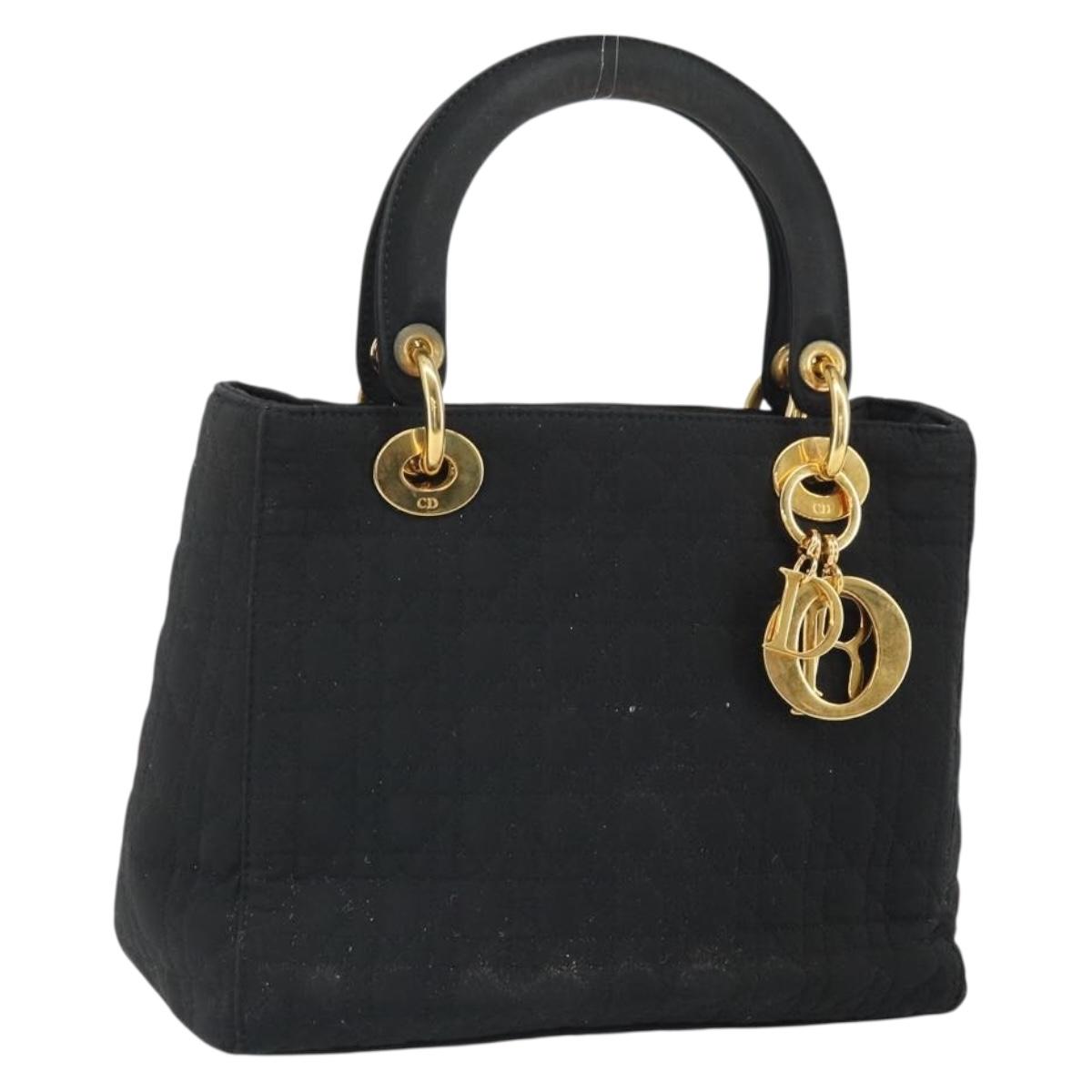 Christian Dior Lady Dior Canage Hand Bag Nylon Black Gold Auth 163297